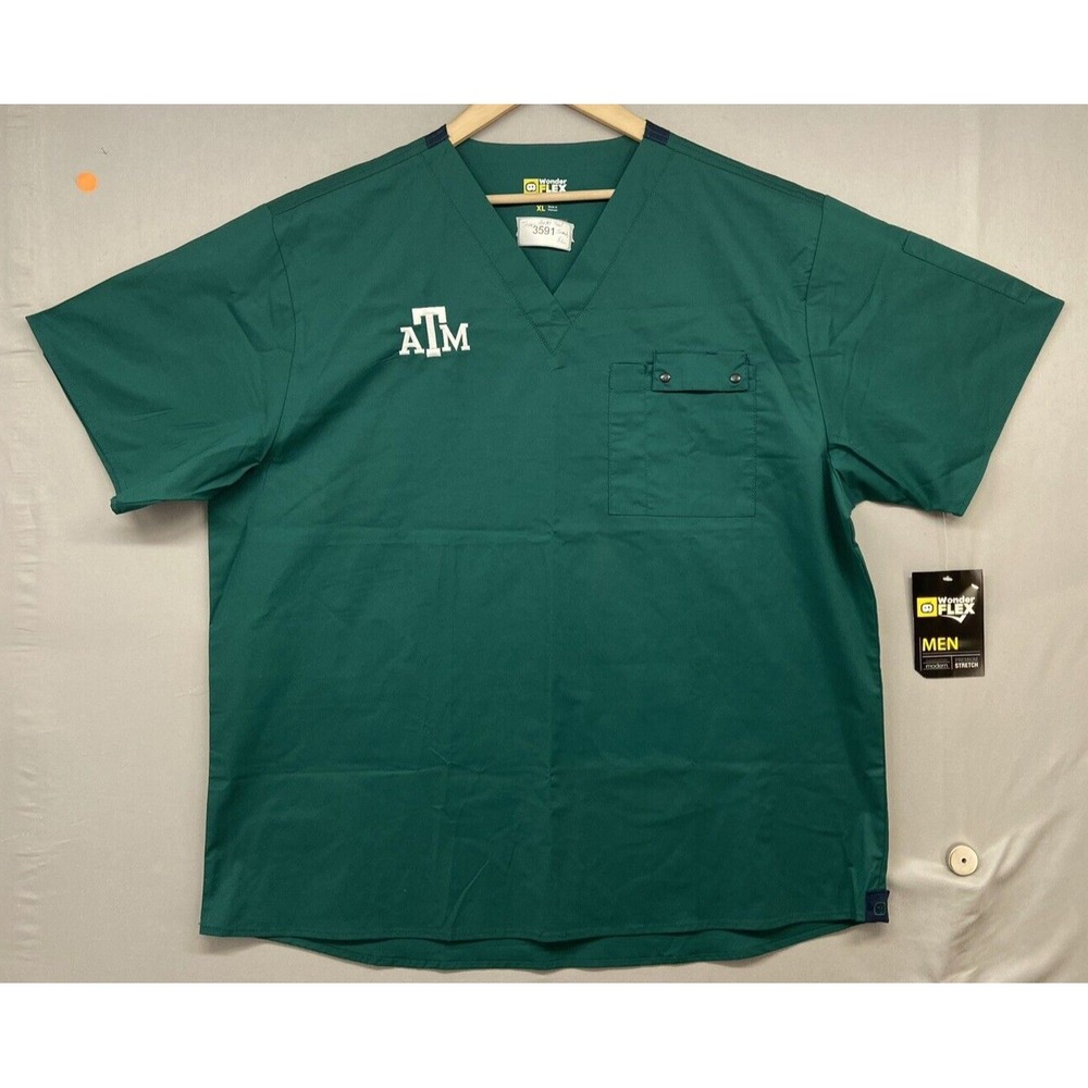 Texas A&M Wonder Flex Scrubs Shirt Mens XL Teal Pocket Short Sleeve V-Neck Aggie